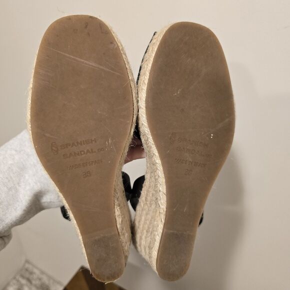 Spanish Sandal Co Wedge Espadrille Sandals EU 38 Black Summer 100% Leather Spain - Picture 11 of 13